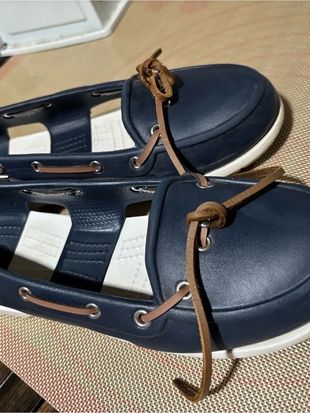 CROCS Navy Blue and Brown Bow-Trim Women's Sandal Flats